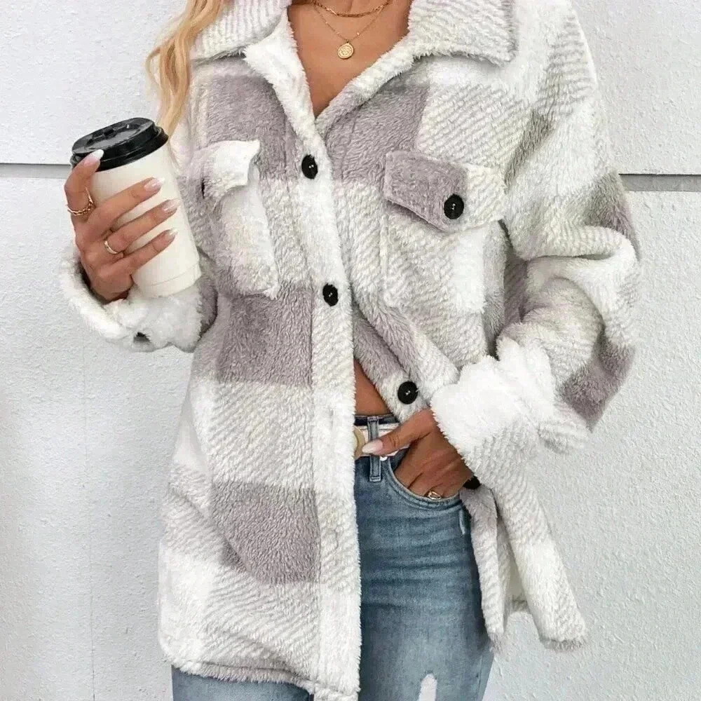 Light Grey Casual Women's Buffalo Plaid Print Drop Shoulder Flap Pocket Coat - Picture 5 of 5